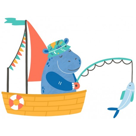 Sticker hippopotame bateau peche